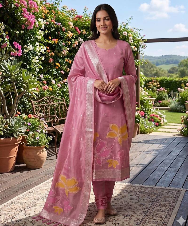 Rose shimmer  zari weaving Readymade Suits with jacquard dupatta