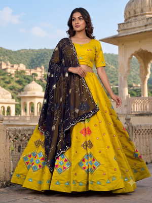Yellow Thread and Mirror Work Party Wear Lehenga Choli for Women 2