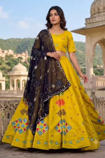 Yellow Thread and Mirror Work Party Wear Lehenga Choli for Women