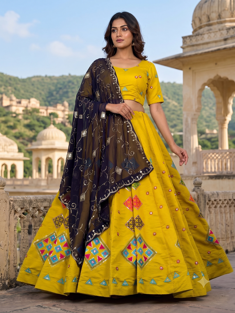 Yellow Thread and Mirror Work Party Wear Lehenga Choli for Women