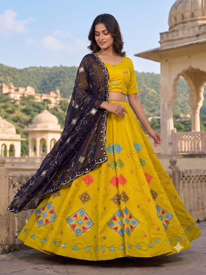 Yellow Thread and Mirror Work Party Wear Lehenga Choli for Women 1