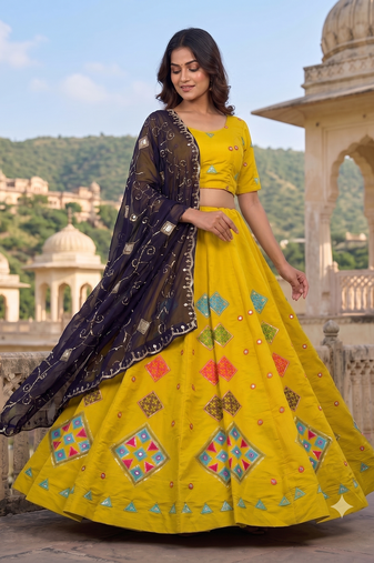 Yellow Thread and Mirror Work Party Wear Lehenga Choli for Women