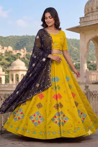 Yellow Thread and Mirror Work Party Wear Lehenga Choli for Women