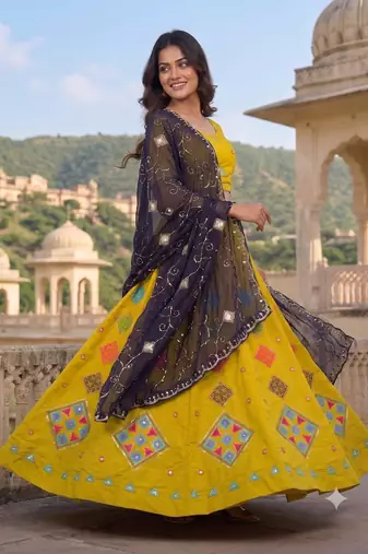 Yellow Thread and Mirror Work Party Wear Lehenga Choli for Women
