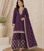 Dark purple colour embroideried work chinon semi stitched palazzo salwar suit