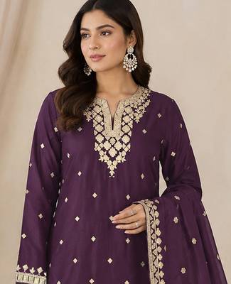 Dark purple colour embroideried work chinon semi stitched palazzo salwar suit 2