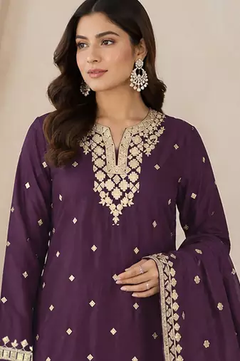 Dark purple colour embroideried work chinon semi stitched palazzo salwar suit