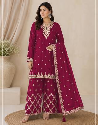 Dark rani pink colour embroideried work chinon semi stitched palazzo salwar suit 1