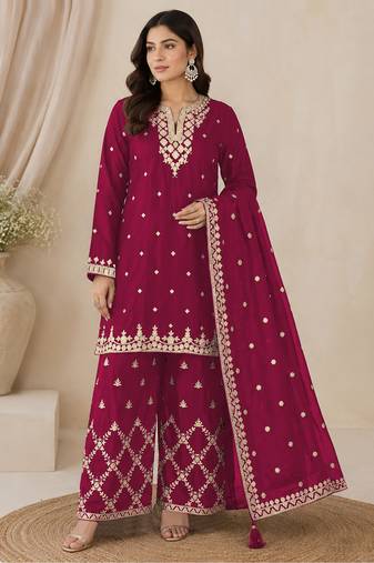 Dark rani pink colour embroideried work chinon semi stitched palazzo salwar suit