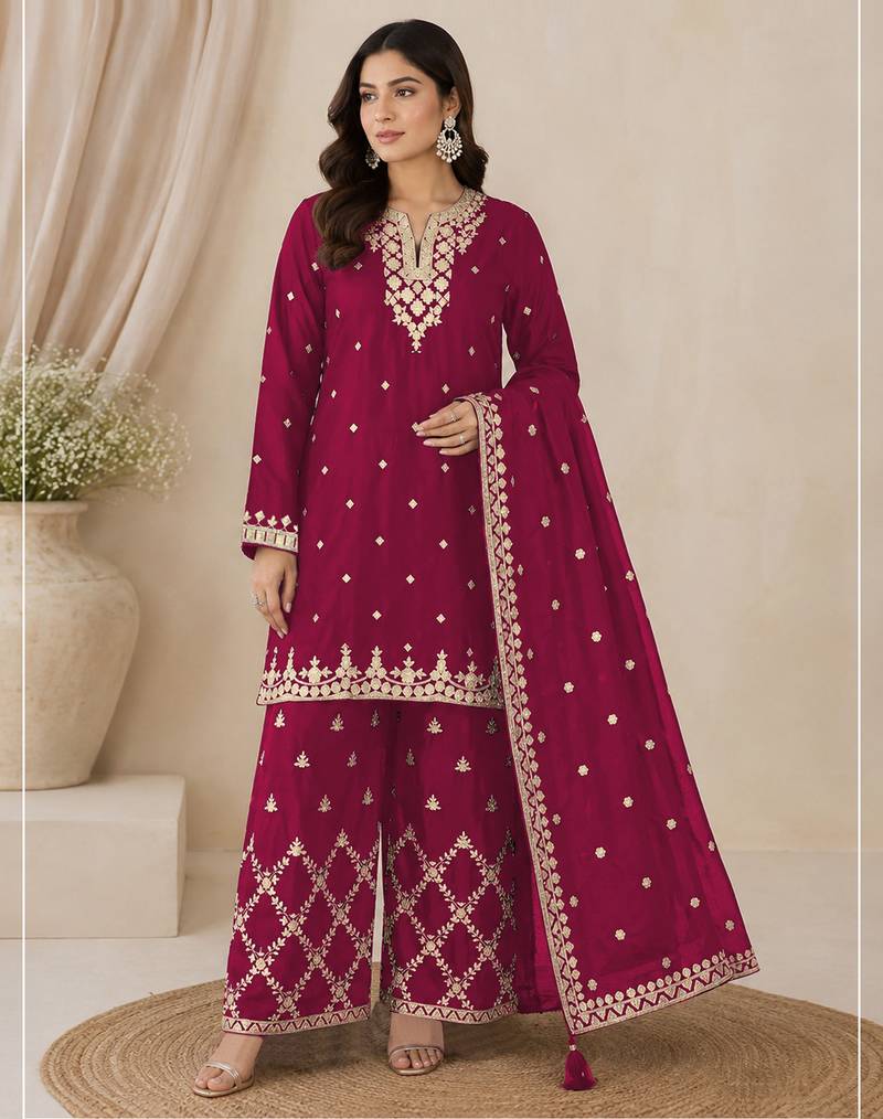 Dark rani pink colour embroideried work chinon semi stitched palazzo salwar suit