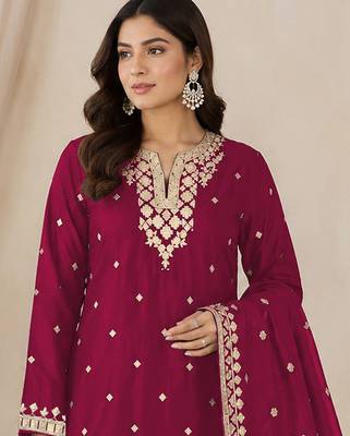 Dark rani pink colour embroideried work chinon semi stitched palazzo salwar suit 2