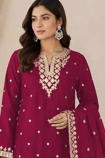 Dark rani pink colour embroideried work chinon semi stitched palazzo salwar suit