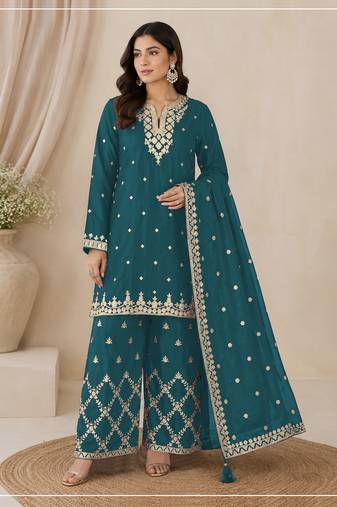 Morpich colour embroideried work chinon semi stitched palazzo salwar suit