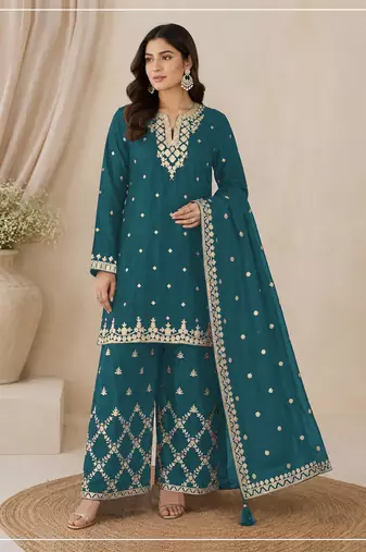 Morpich colour embroideried work chinon semi stitched palazzo salwar suit