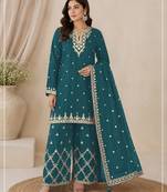 Morpich colour embroideried work chinon semi stitched palazzo salwar suit