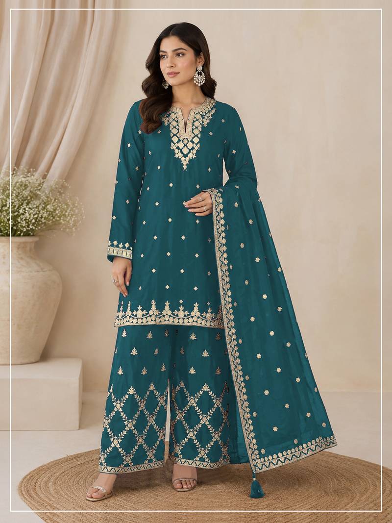 Morpich colour embroideried work chinon semi stitched palazzo salwar suit