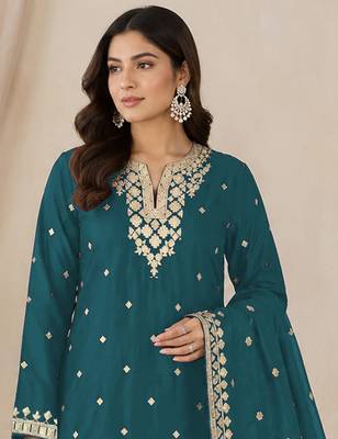 Morpich colour embroideried work chinon semi stitched palazzo salwar suit 2