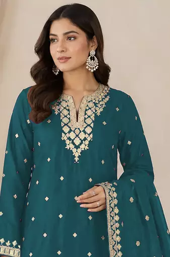 Morpich colour embroideried work chinon semi stitched palazzo salwar suit
