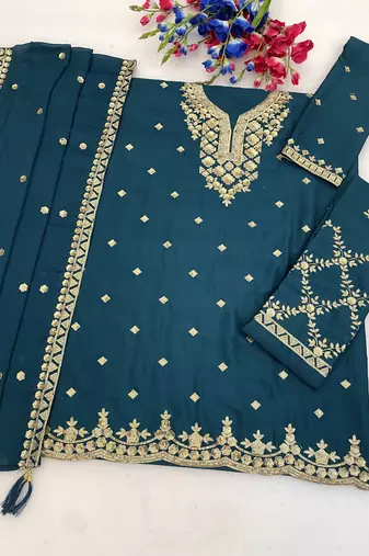 Morpich colour embroideried work chinon semi stitched palazzo salwar suit