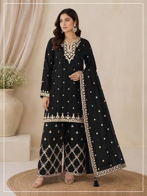 Black colour embroideried work chinon semi stitched palazzo salwar suit 1