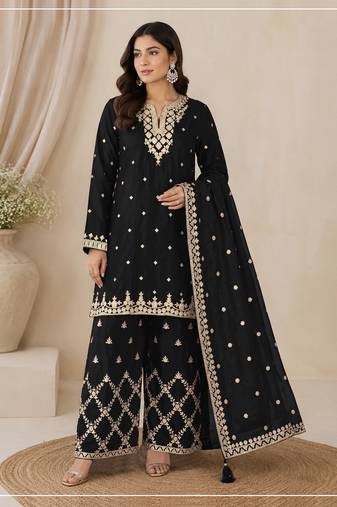 Black colour embroideried work chinon semi stitched palazzo salwar suit