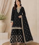 Black colour embroideried work chinon semi stitched palazzo salwar suit
