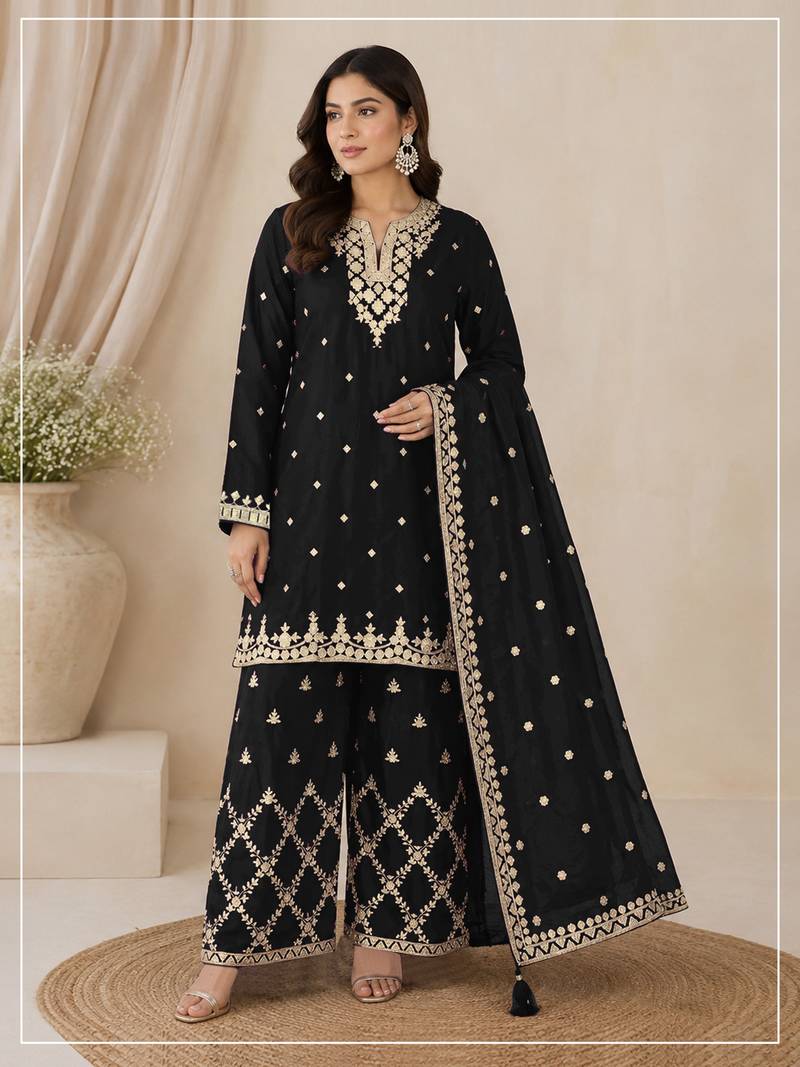 Black colour embroideried work chinon semi stitched palazzo salwar suit