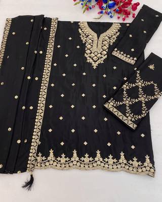 Black colour embroideried work chinon semi stitched palazzo salwar suit 3