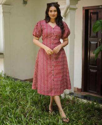 Red & cream striped cotton a-line dress with puff sleeves 1
