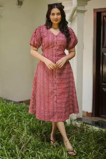 Red & cream striped cotton a-line dress with puff sleeves