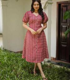 Red & cream striped cotton a-line dress with puff sleeves