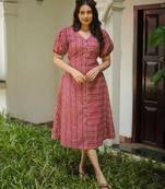 Red & cream striped cotton a-line dress with puff sleeves