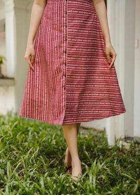 Red & cream striped cotton a-line dress with puff sleeves 2