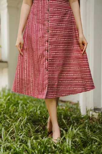 Red & cream striped cotton a-line dress with puff sleeves