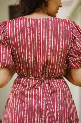Red & cream striped cotton a-line dress with puff sleeves