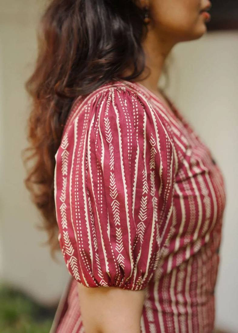 Red & cream striped cotton a-line dress with puff sleeves