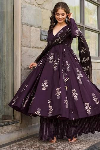 Floral printed muslin v neck anarkali set for women