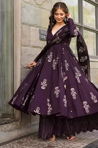 Floral printed muslin v neck anarkali set for women