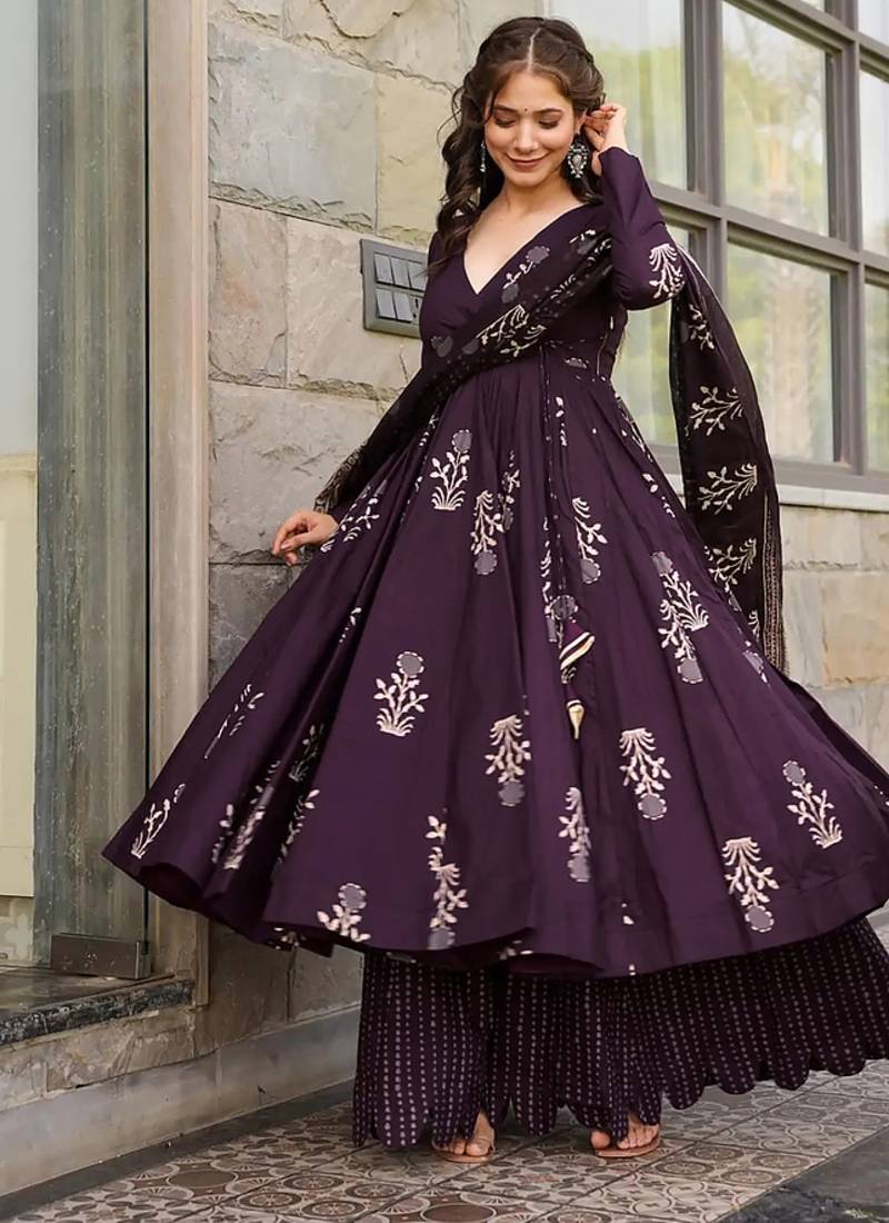 Floral printed muslin v neck anarkali set for women