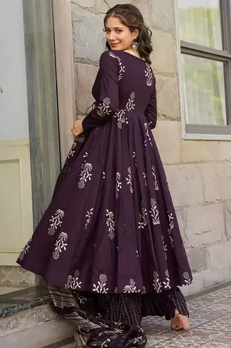 Floral printed muslin v neck anarkali set for women