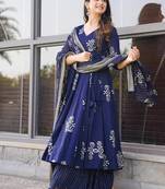 Floral printed muslin v neck anarkali set for women
