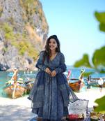 Floral printed muslin v neck anarkali set for women