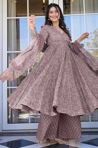 Floral printed muslin v neck anarkali set for women