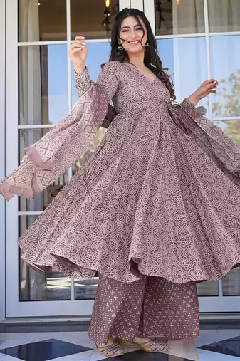 Floral printed muslin v neck anarkali set for women
