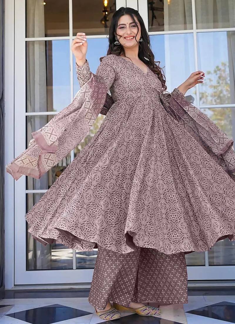 Floral printed muslin v neck anarkali set for women