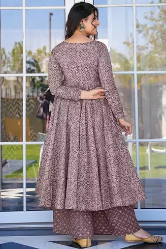 Floral printed muslin v neck anarkali set for women