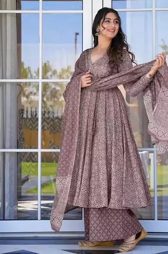 Floral printed muslin v neck anarkali set for women