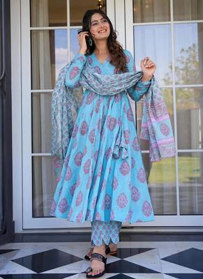 Floral printed muslin v neck anarkali set for women 1