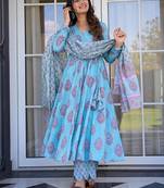 Floral printed muslin v neck anarkali set for women