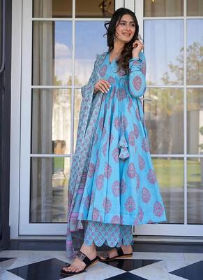 Floral printed muslin v neck anarkali set for women 3